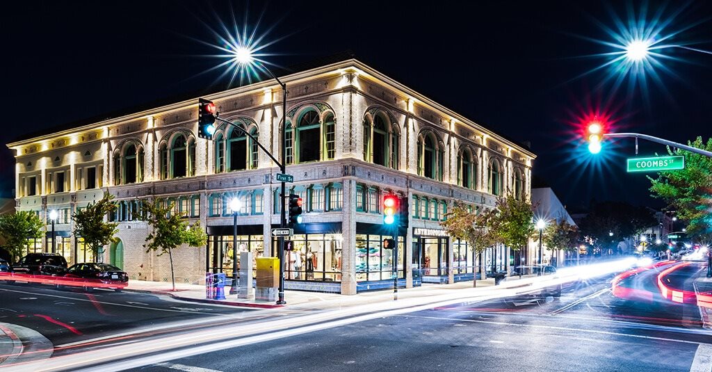 Downtown Napa at dusk at The Braydon Apartments in Napa CA